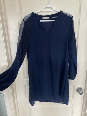 DEX Dark Navy V-Neck Top with Lace Shoulder Detail